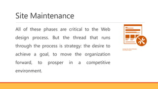 Site Maintenance
All of these phases are critical to the Web
design process. But the thread that runs
through the process is strategy: the desire to
achieve a goal, to move the organization
forward, to prosper in a competitive
environment.
 