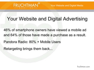Your Website and Digital Advertising
Your Website and Digital Media
46% of smartphone owners have viewed a mobile ad
and 64% of those have made a purchase as a result.
Pandora Radio: 80% + Mobile Users
Retargeting brings them back...
 