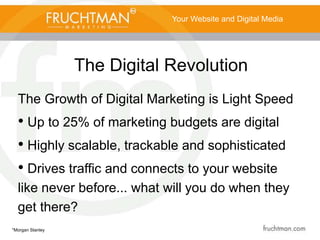 The Digital Revolution
Your Website and Digital Media
The Growth of Digital Marketing is Light Speed
• Up to 25% of marketing budgets are digital
• Highly scalable, trackable and sophisticated
• Drives traffic and connects to your website
like never before... what will you do when they
get there?
*Morgan Stanley
 