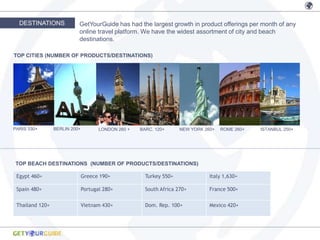 DESTINATIONS             GetYourGuide has had the largest growth in product offerings per month of any
                           online travel platform. We have the widest assortment of city and beach
                           destinations.

TOP CITIES (NUMBER OF PRODUCTS/DESTINATIONS)




PARIS 330+       BERLIN 200+          LONDON 260 +   BARC. 120+      NEW YORK 260+   ROME 260+   ISTANBUL 250+




TOP BEACH DESTINATIONS (NUMBER OF PRODUCTS/DESTINATIONS)

 Egypt 460+                    Greece 190+             Turkey 550+              Italy 1,630+

 Spain 480+                    Portugal 280+           South Africa 270+        France 500+


 Thailand 120+                 Vietnam 430+            Dom. Rep. 100+           Mexico 420+
 