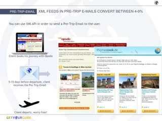 PRE-TRIP-EMAIL          XML FEEDS IN PRE-TRIP E-MAILS CONVERT BETWEEN 4-9%


You can use XMl API in order to send a Pre-Trip-Email to the user.




Client books his journey with Opodo




5-15 days before departure, client
    receives the Pre-Trip-Email




    Client departs, worry-free!
 