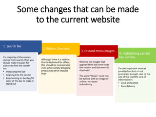 Certain important services
provided are lost or not
prominent enough, due to the
size of the text/the lack of
vibrant colors
• Click and collect
• Free delivery
4. Highlighting certain
key options
Remove the images that
appear when we hover over
the section and the menu is
displayed.
The word “Shoes” need not
be backed with an image of
a shoe. Increases
redundancy
3. Discard menu images
Although there is a section
that is dedicated for offers,
this should be incorporated
even while simply browsing
products to drive impulse
buys
2. Ribbon Overlays
If a majority of the money
comes from search, then you
should make it easier for
visitors to find the search
bar.
• Increasing the size
• Aligning it to the center
• Emphasizing on border/fill
color of the bar to make it
stand out
1. Search Bar
Some changes that can be made
to the current website
 
