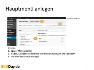 Hauptmenü anlegen
14
Screenshot: WordPress
1
2
3
Schritte:
1. Neues Menü erstellen
2. Seiten, Kategorien oder Links zum Menü hinzufügen und speichern
3. Position des Menüs festlegen
 