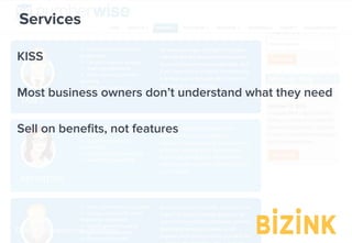 Demo: bizinkonline.com/tour
Services
KISS
Most business owners don’t understand what they need
Sell on beneﬁts, not features
 