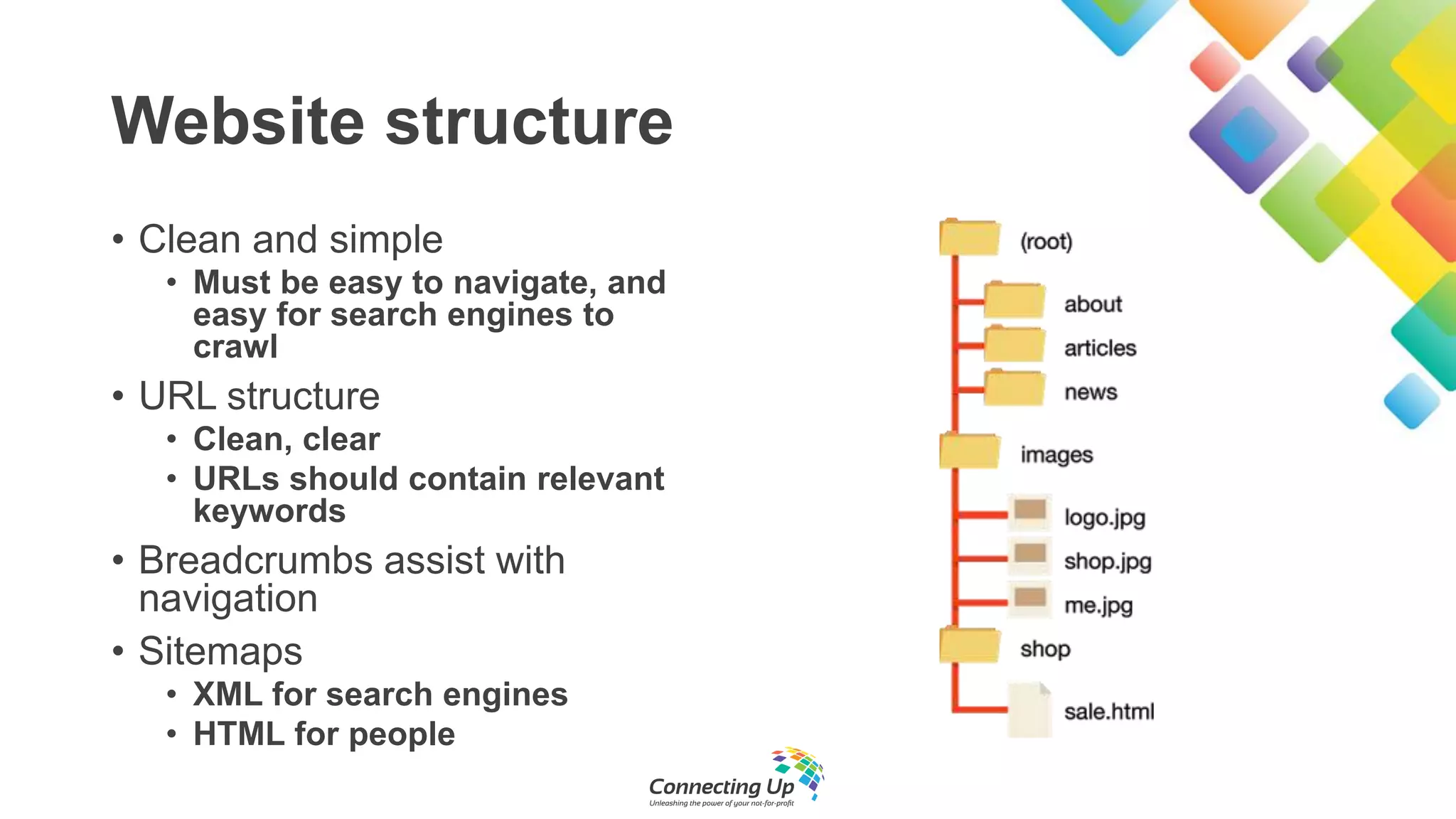 Website structure
• Clean and simple
• Must be easy to navigate, and
easy for search engines to
crawl
• URL structure
• Clean, clear
• URLs should contain relevant
keywords
• Breadcrumbs assist with
navigation
• Sitemaps
• XML for search engines
• HTML for people
 
