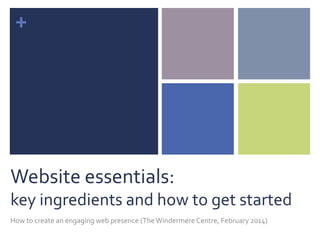 +
Website essentials:
key ingredients and how to get started
How to create an engaging web presence (TheWindermere Centre, February 2014)
 