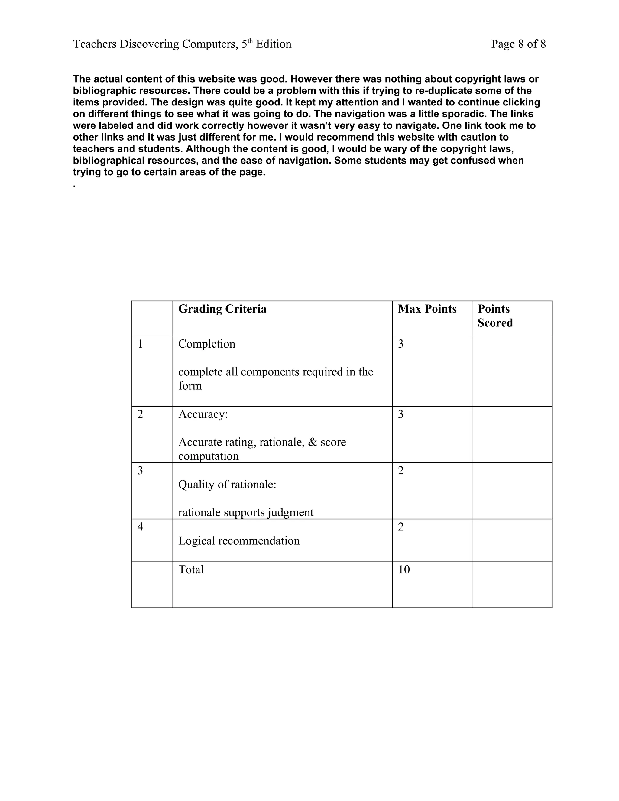 Teachers Discovering Computers, 5th Edition                                             Page 8 of 8

The actual content of this website was good. However there was nothing about copyright laws or
bibliographic resources. There could be a problem with this if trying to re-duplicate some of the
items provided. The design was quite good. It kept my attention and I wanted to continue clicking
on different things to see what it was going to do. The navigation was a little sporadic. The links
were labeled and did work correctly however it wasn’t very easy to navigate. One link took me to
other links and it was just different for me. I would recommend this website with caution to
teachers and students. Although the content is good, I would be wary of the copyright laws,
bibliographical resources, and the ease of navigation. Some students may get confused when
trying to go to certain areas of the page.
.




                      Grading Criteria                              Max Points       Points
                                                                                     Scored
             1        Completion                                    3

                      complete all components required in the
                      form

             2        Accuracy:                                     3

                      Accurate rating, rationale, & score
                      computation
             3                                                      2
                      Quality of rationale:

                      rationale supports judgment
             4                                                      2
                      Logical recommendation

                      Total                                         10
 