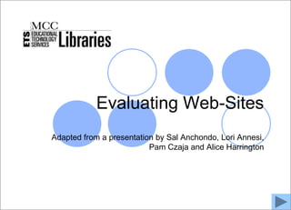 MCC Libraries



               Evaluating Web-Sites
   Adapted from a presentation by Sal Anchondo, Lori Annesi,
                             Pam Czaja and Alice Harrington
 