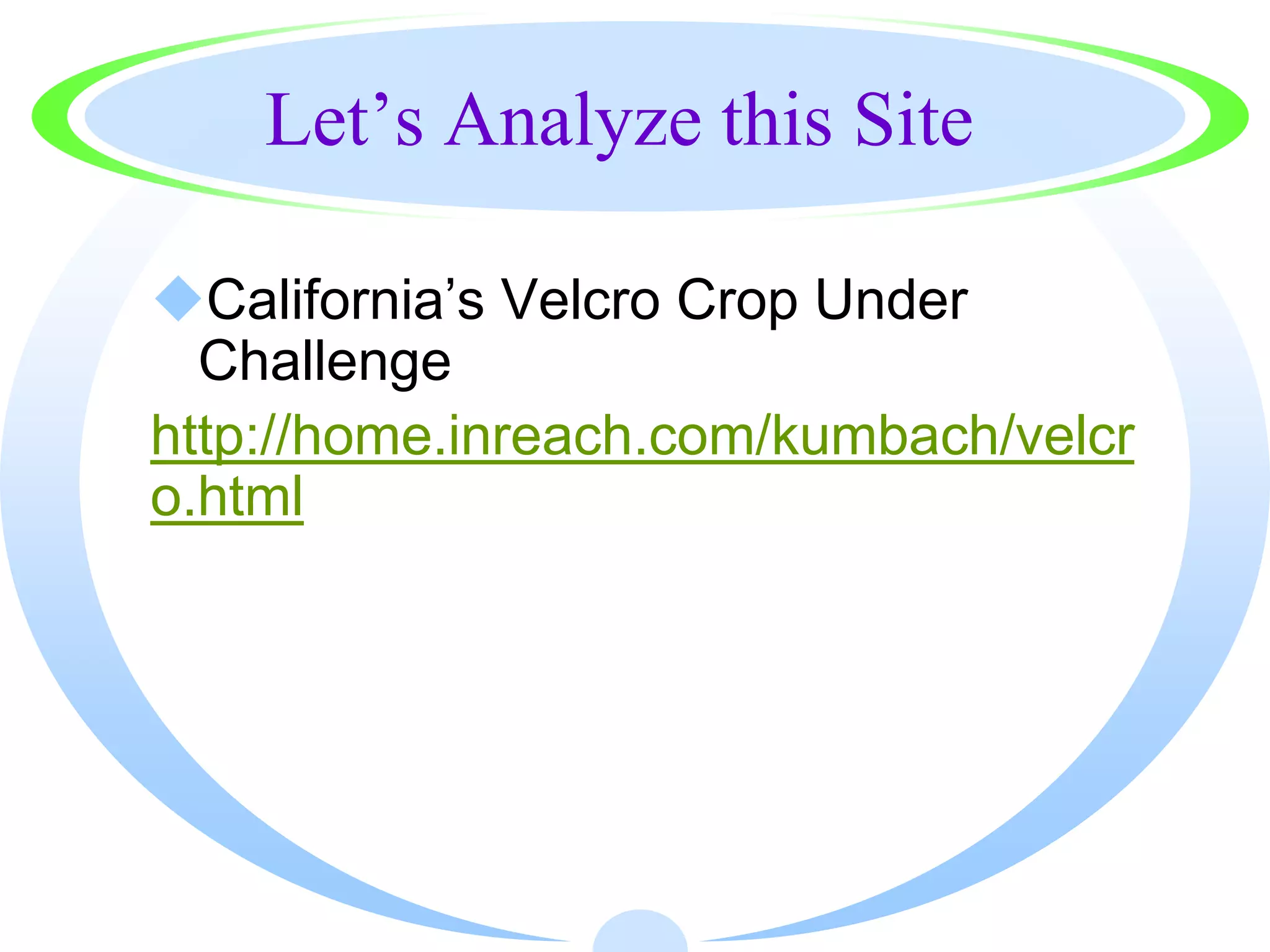 Let’s Analyze this Site

California’s Velcro Crop Under
  Challenge
http://home.inreach.com/kumbach/velcr
o.html
 