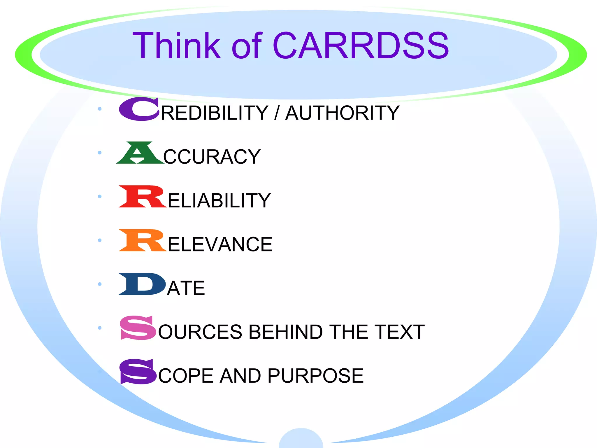Think of CARRDSS
·   CREDIBILITY / AUTHORITY
·   ACCURACY
·   RELIABILITY
·   RELEVANCE
·   DATE
·   SOURCES BEHIND THE TEXT
·   SCOPE AND PURPOSE
 