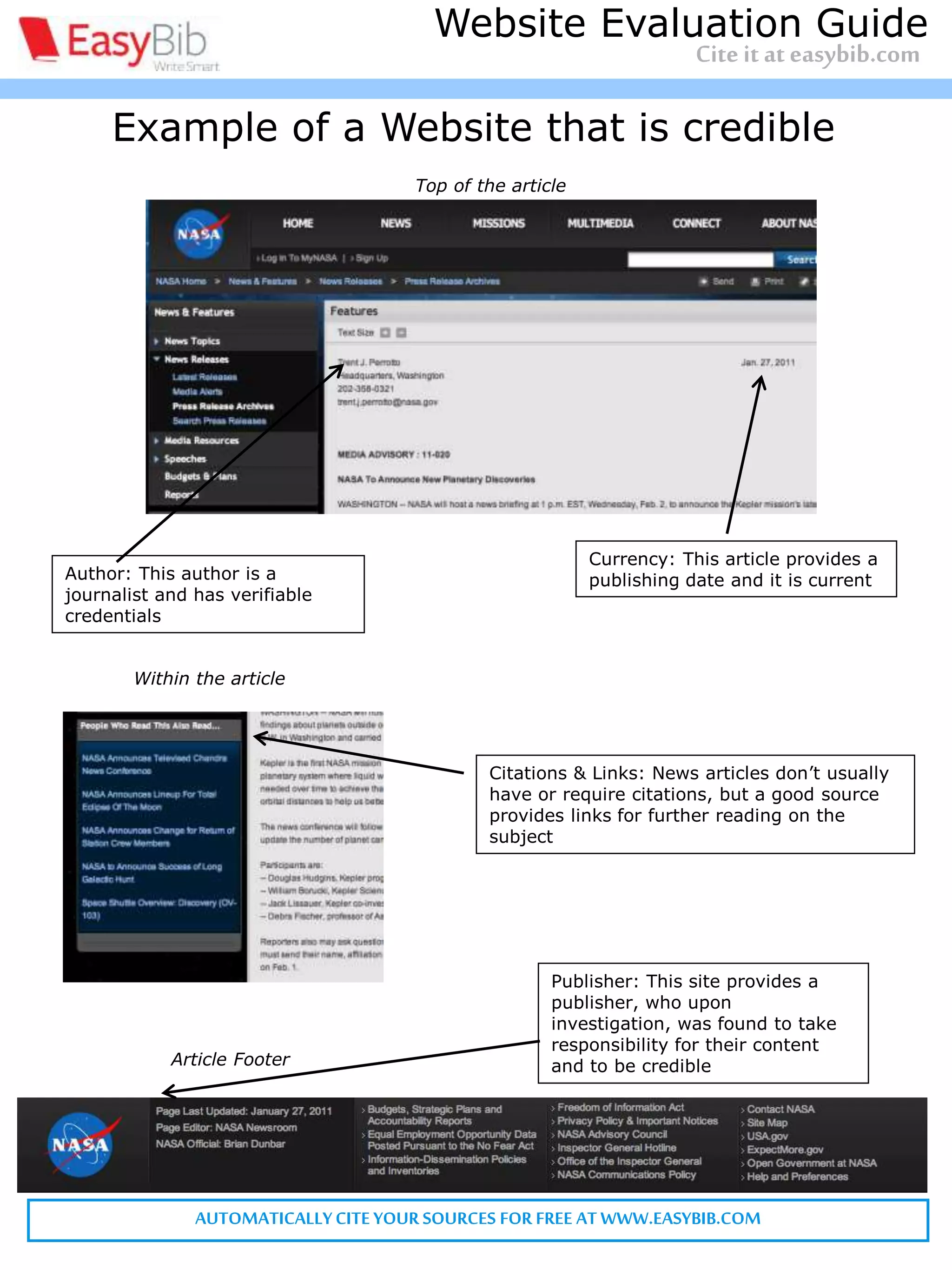 Citinga website article- MLA
Website: A collection of online informational pages on the world wide web
that typically covers related topics
Structure: Last, First M. “Website article.” Website. Publisher, Date published.
Web. Date accessed. <URL>.
*Note: URL is optional. Consult your teacher
Citation: Satalkar, Bhakti. “Water Aerobics." Buzzle.com. Buzzle.com, 15 July
2010. Web. 16 July 2010.
AUTOMATICALLYCITE YOUR SOURCES FOR FREE AT WWW.EASYBIB.COM
Data accessed: Depends on the day
When did you access the source? Web sources may change and must be considered unique
Website
Website article
Bottom of article
Author
Date electronically published:
7/15/10
Article footer – Often contains website publisher information
Website publisher
Example of a Website that is credible
Author: This author is a
journalist and has verifiable
credentials
Currency: This article provides a
publishing date and it is current
Citations & Links: News articles don’t usually
have or require citations, but a good source
provides links for further reading on the
subject
Publisher: This site provides a
publisher, who upon
investigation, was found to take
responsibility for their content
and to be credible
Within the article
Article Footer
Top of the article
Cite it at easybib.com
Website Evaluation Guide
 
