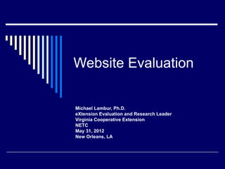 Website Evaluation


Michael Lambur, Ph.D.
eXtension Evaluation and Research Leader
Virginia Cooperative Extension
NETC
May 31, 2012
New Orleans, LA
 