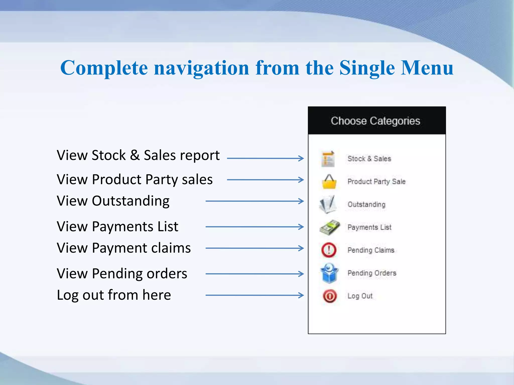 Complete navigation from the Single Menu
View Payment claims
View Product Party sales
View Payments List
View Outstanding
Log out from here
View Pending orders
View Stock & Sales report
 