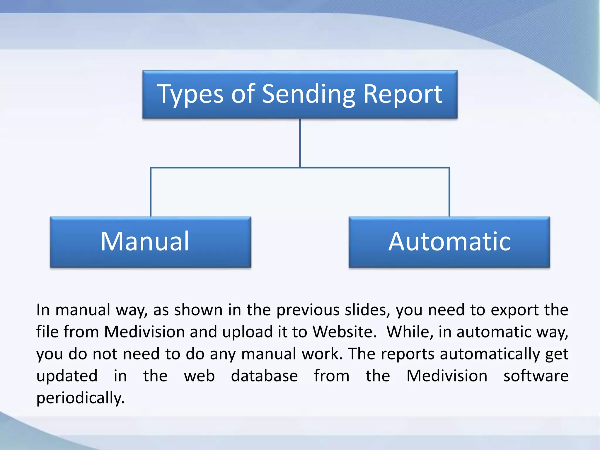In manual way, as shown in the previous slides, you need to export the
file from Medivision and upload it to Website. While, in automatic
way, you do not need to do any manual work. The reports
automatically get updated in the web database from the Medivision
software periodically.
 