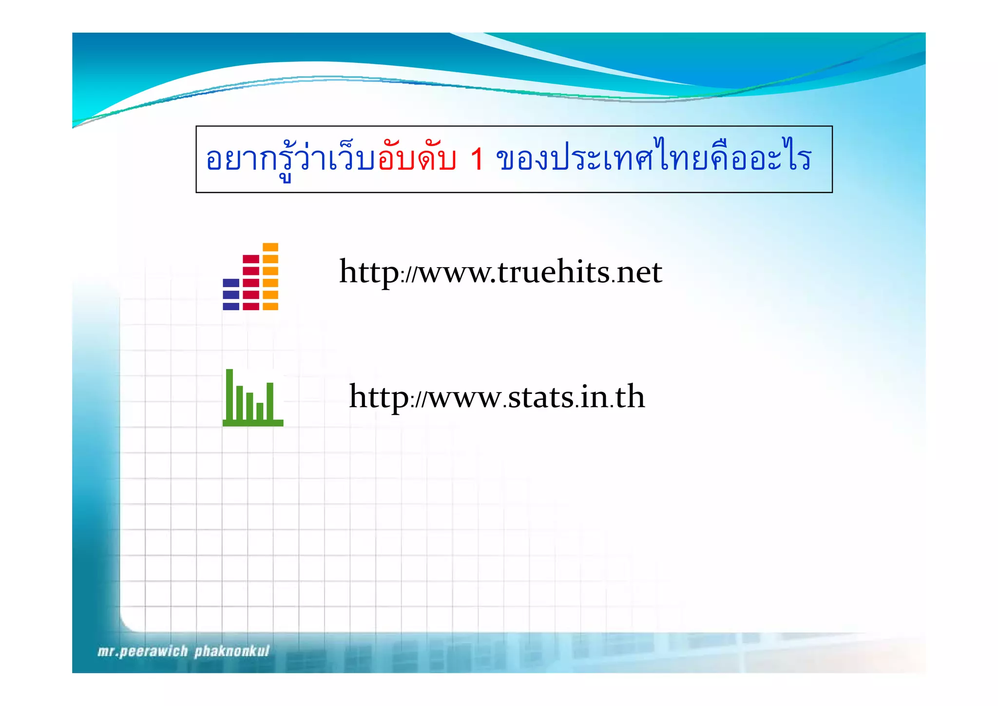 อยากรูวาเว็บอับดับ 1 ของประเทศไทยคืออะไร

         http://www.truehits.net
         http://www truehits net


         http://www.stats.in.th
 