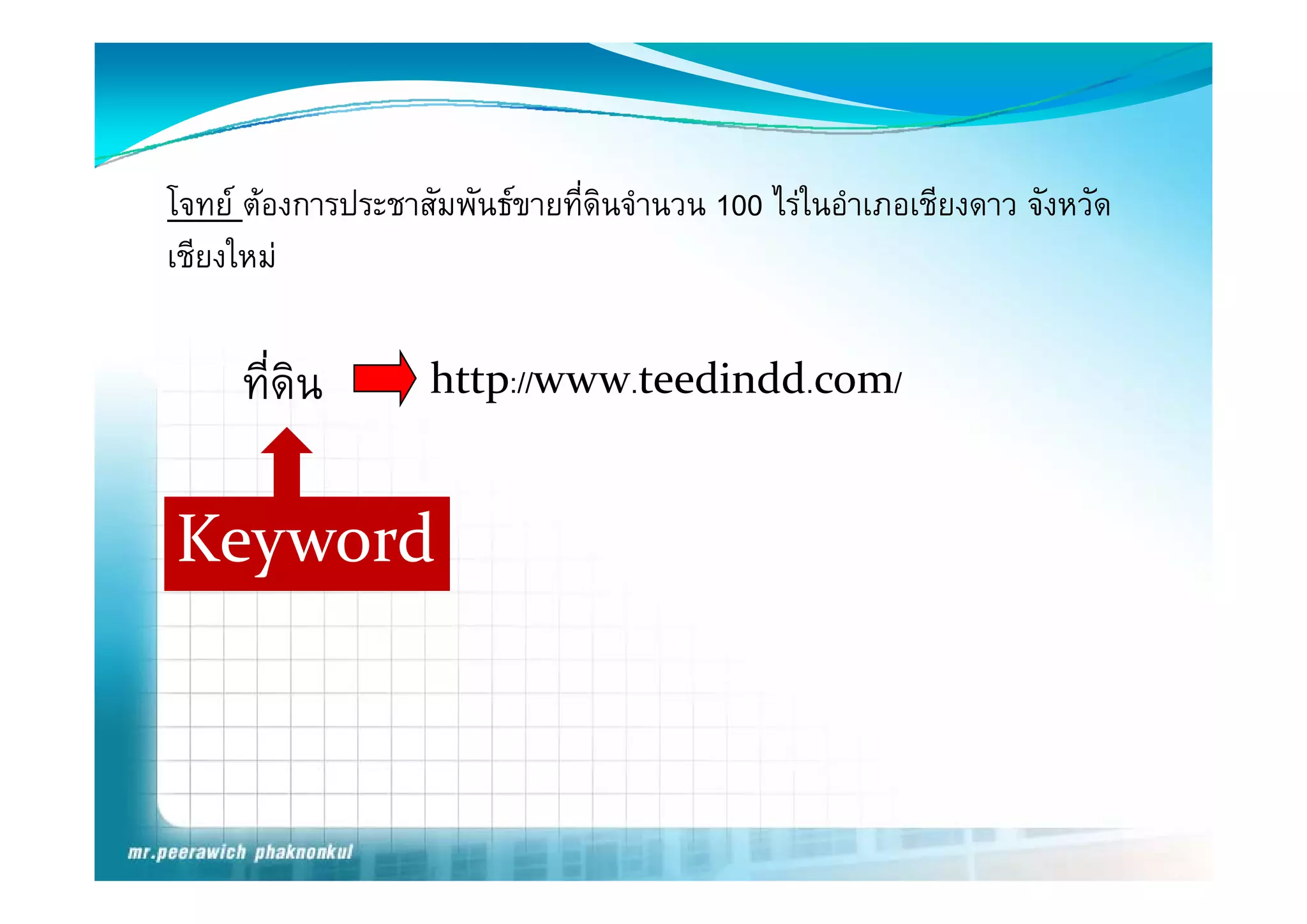 โจทย ตองการประชาสัมพันธขายทีดนจํานวน 100 ไรในอําเภอเชียงดาว จังหวัด
                               ่ ิ
เชยงใหม
เชียงใหม


     ที่ดิน        http://www.teedindd.com/


Keyword
  y
 