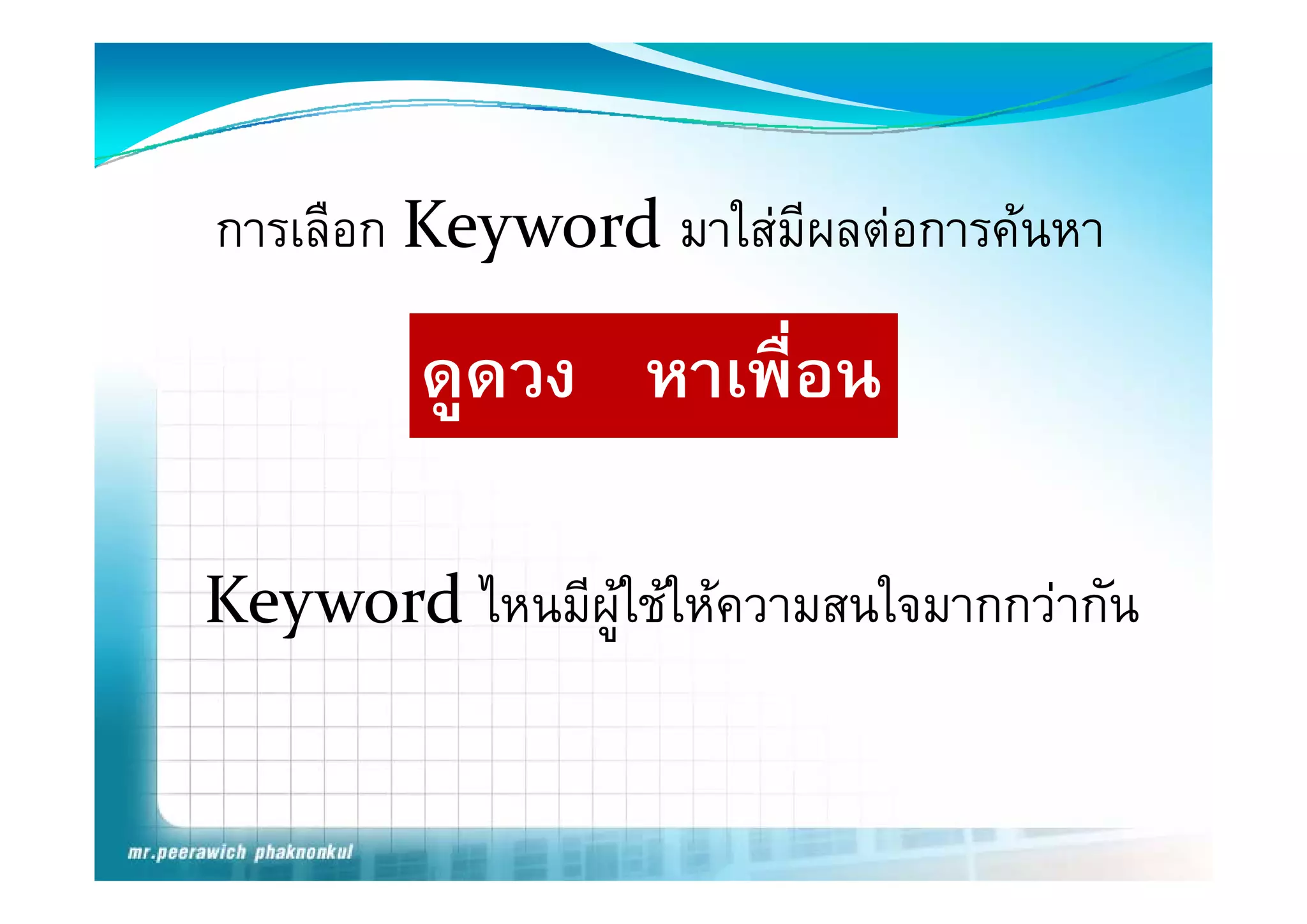 การเลือก Keyword มาใสมีผลตอการคนหา
           y

         ดูดวง หาเพอน
                   ื่

Keyword ไหนมีผูใชใหความสนใจมากกวากัน
 