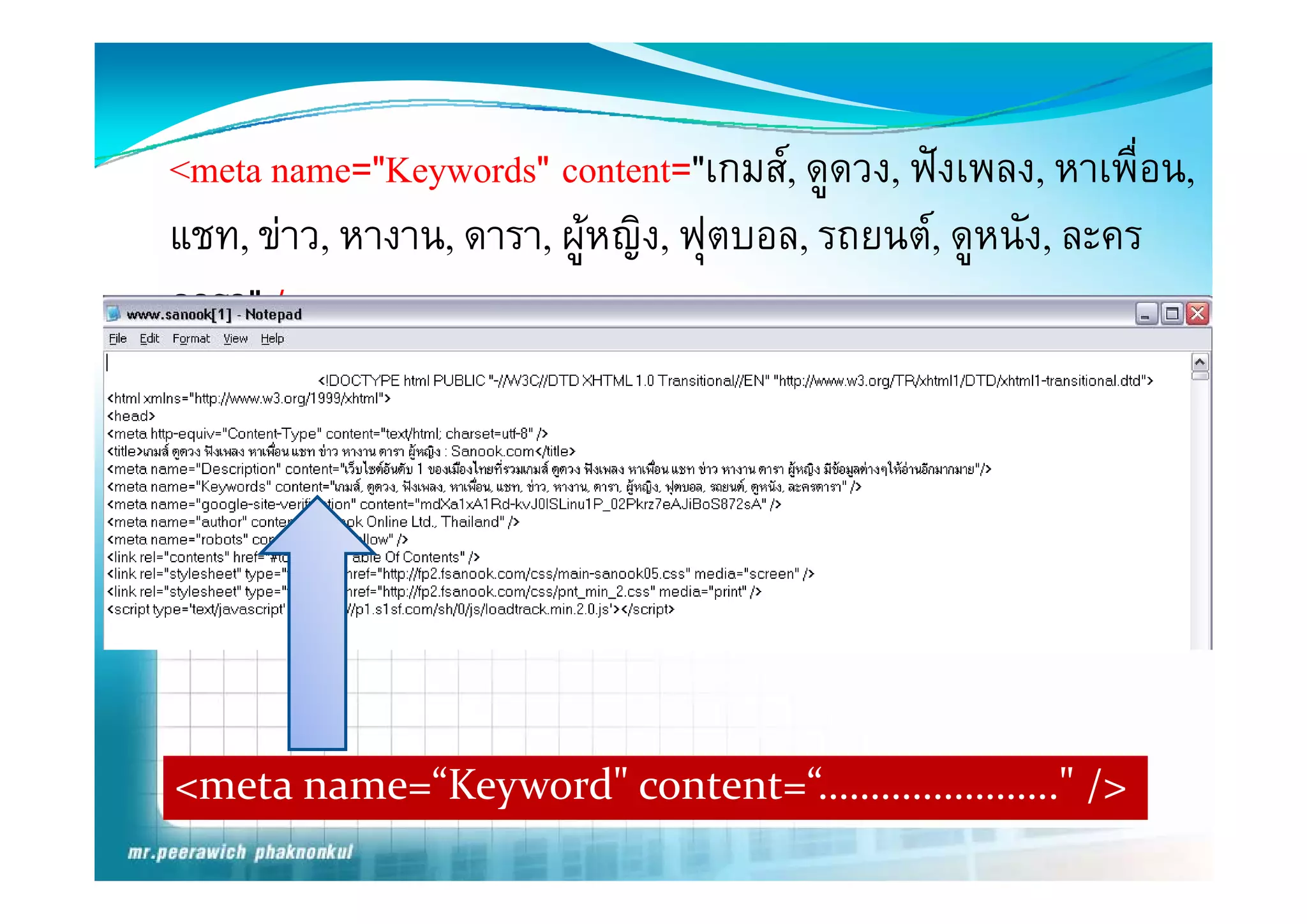 <meta name="Keywords" content="เกมส, ดูดวง, ฟงเพลง, หาเพืื่อน,
แชท,, ขาว,, หางาน,, ดารา,, ผูหญิง, ฟตบอล,, รถยนต, ดหนัง, ละคร
                                ญ ุ                   ู
ดารา" />




<meta name=“Keyword" content=“………………….." />
   t       “K     d"    t t “          " /
 