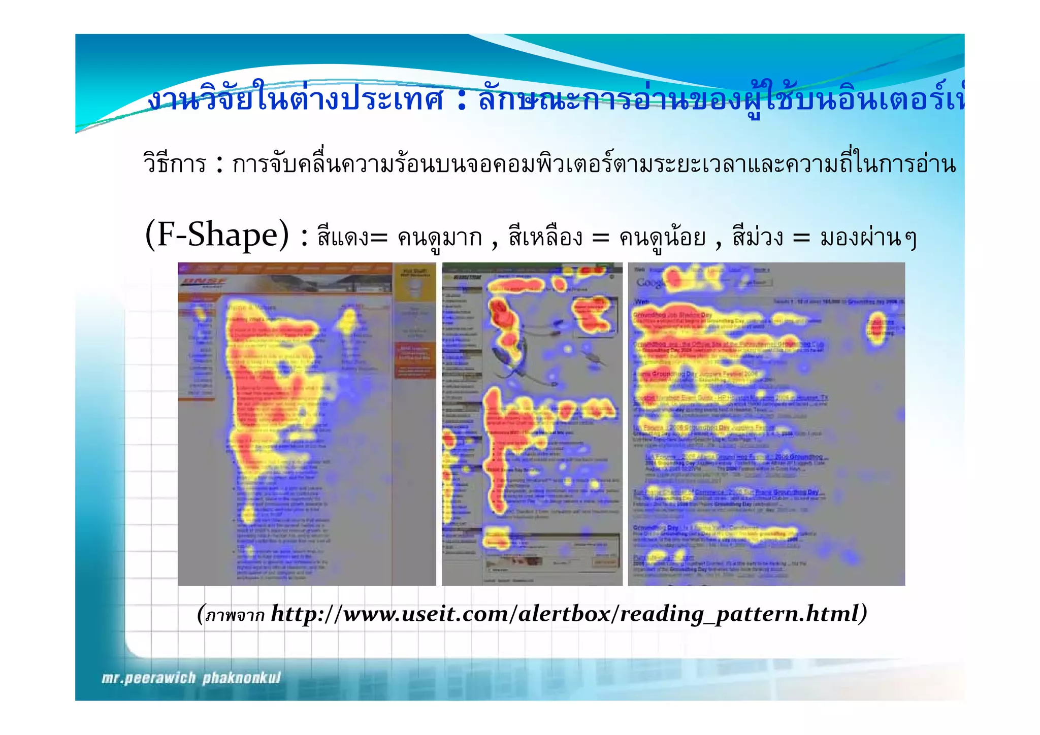 งานวิจัยในตางประเทศ : ลักษณะการอานของผูใชบนอินเตอรเน็
                                         ู
วิธีการ : การจับคลื่นความรอนบนจอคอมพิวเตอรตามระยะเวลาและความถีในการอาน
                                                                ่

(F‐Shape) : สีแดง= คนดูมาก , สีเหลือง = คนดูนอย , สีมวง = มองผานๆ




    (ภาพจาก http://www useit com/alertbox/reading pattern html)
            http://www.useit.com/alertbox/reading_pattern.html)
 