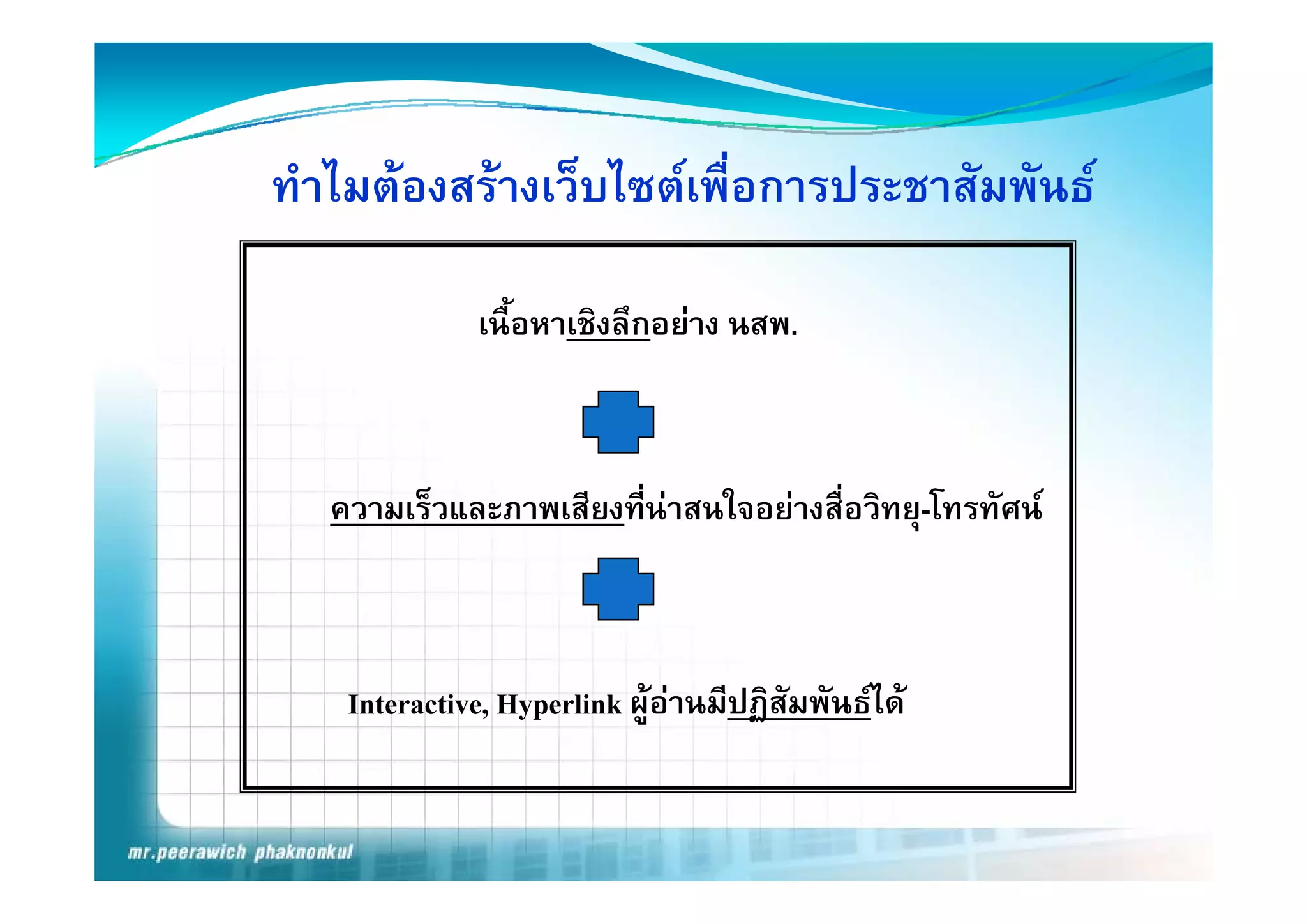 ทําไมตองสรางเว็บไซตเพื่อการประชาสัมพันธ

              เนื้อหาเชิงลึกอยาง นสพ.



   ความเร็วและภาพเสียงที่นาสนใจอยางสื่อวิทยุ-โทรทัศน



    Interactive, Hyperlink ผูอานมีปฏิสัมพันธได
 