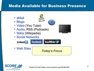 Media Available for Business Presence eMail Blogs Video  (You Tube) Audio , RSS (Podcasts)  Wikis  (Wikipedia) Social Networks   Web Sites   Today’s Focus 
