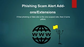 Phishing Scam Alert Add-
ons/Extensions
If that phishing or fake site is the one suspect site, then it turns
yellow.
 