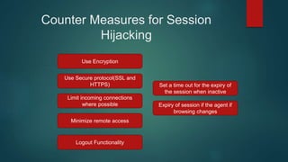Counter Measures for Session
Hijacking
Use Encryption
Use Secure protocol(SSL and
HTTPS)
Limit incoming connections
where possible
Minimize remote access
Set a time out for the expiry of
the session when inactive
Expiry of session if the agent if
browsing changes
Logout Functionality
 