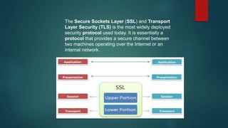 The Secure Sockets Layer (SSL) and Transport
Layer Security (TLS) is the most widely deployed
security protocol used today. It is essentially a
protocol that provides a secure channel between
two machines operating over the Internet or an
internal network.
 