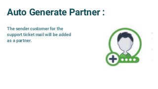 Auto Generate Partner :
The sender customer for the
support ticket mail will be added
as a partner.
 