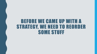 BEFORE WE CAME UP WITH A
STRATEGY, WE NEED TO REORDER
SOME STUFF
 