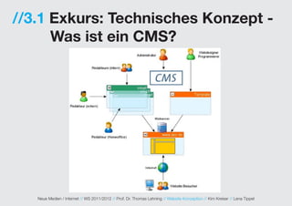 //3.1 Exkurs: Technisches Konzept -
      Was ist ein CMS?




   Neue Medien / Internet // WS 2011/2012 // Prof. Dr. Thomas Lehning // Website Konzeption // Kim Kreiser // Lena Tippel
 