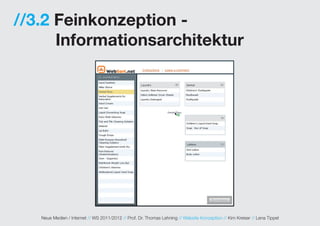 //3.2 Feinkonzeption -
      Informationsarchitektur




   Neue Medien / Internet // WS 2011/2012 // Prof. Dr. Thomas Lehning // Website Konzeption // Kim Kreiser // Lena Tippel
 
