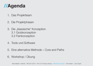 //Agenda
 1. Das Projektteam

 2. Die Projektphasen

 3. Die „klassische“ Konzeption
    3.1 Grobkonzeption
    3.2 Feinkonzeption

 4. Tools und Software

 5. Eine alternative Methode – Core and Paths

 6. Workshop / Übung

    Neue Medien / Internet // WS 2011/2012 // Prof. Dr. Thomas Lehning // Website Konzeption // Kim Kreiser // Lena Tippel
 