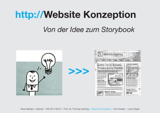 http://Website Konzeption
                       Von der Idee zum Storybook




                                                >>>


 Neue Medien / Internet // WS 2011/2012 // Prof. Dr. Thomas Lehning // Website Konzeption // Kim Kreiser // Lena Tippel
 