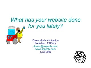 What has your website done for you lately? Dawn Marie Yankeelov President, ASPectx [email_address] www.aspectx.com June 2002 