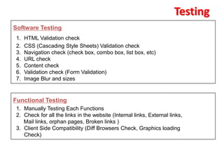 Testing
Software Testing
 1.   HTML Validation check
 2.   CSS (Cascading Style Sheets) Validation check
 3.   Navigation check (check box, combo box, list box, etc)
 4.   URL check
 5.   Content check
 6.   Validation check (Form Validation)
 7.   Image Blur and sizes


Functional Testing
 1. Manually Testing Each Functions
 2. Check for all the links in the website (Internal links, External links,
    Mail links, orphan pages, Broken links )
 3. Client Side Compatibility (Diff Browsers Check, Graphics loading
    Check)
 