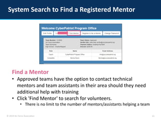 © 2019 Air Force Association
System Search to Find a Registered Mentor
15
Find a Mentor
• Approved teams have the option t...