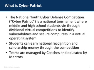 © 2019 Air Force Association
• The National Youth Cyber Defense Competition
(“Cyber Patriot”) is a national tournament whe...