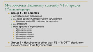 Mycobacteria Taxonomy currently >170 species
2 Taxonomic groups
◼ Group 1 - TB complex
❑ Mycobacterium tuberculosis
❑ M. b...