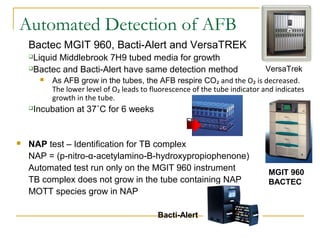 Automated Detection of AFB
Bactec MGIT 960, Bacti-Alert and VersaTREK
Liquid Middlebrook 7H9 tubed media for growth
Bactec and Bacti-Alert have same detection method
 As AFB grow in the tubes, the AFB respire CO₂ and the O₂ is decreased.
The lower level of O₂ leads to fluorescence of the tube indicator and indicates
growth in the tube.
Incubation at 37˚C for 6 weeks
Fluoresce
 NAP test – Identification for TB complex
NAP = (p-nitro-α-acetylamino-B-hydroxypropiophenone)
Automated test run only on the MGIT 960 instrument
TB complex does not grow in the tube containing NAP
MOTT species grow in NAP
MGIT 960
BACTEC
Bacti-Alert
VersaTrek
 