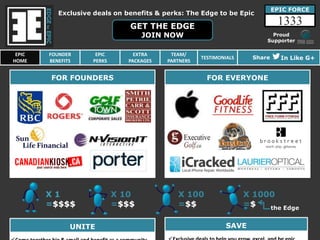EPIC FORCE
           Exclusive deals on benefits & perks: The Edge to be Epic

                               GET THE EDGE
                                                                               1333
                                   JOIN NOW                                 Proud
                                                                          Supporter

 EPIC   FOUNDER      EPIC        EXTRA     TEAM/
                                                     TESTIMONIALS     Share     In Like G+
HOME    BENEFITS    PERKS      PACKAGES   PARTNERS


        FOR FOUNDERS                                   FOR EVERYONE




                                          LL




        X1                  X 10               X 100                X 1000
        =$$$$               =$$$               =$$                  =$   the Edge


               UNITE                                          SAVE
 