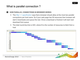 What is parallel connection ? HOW PARALLEL CONNECTIONS IN BROWSER WORKS The  Http 1.1 specification  says that a browser should allow at the most two parallel connections per host name. So if your web page has 50 resources then browser will start 2 downloads and queue the rest. Once a download is finished it will start next download from queue The total round-trip time is N/X, where N is the number of resources to fetch from a host 