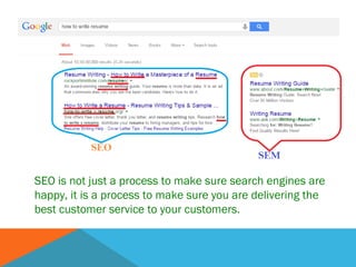 SEO is not just a process to make sure search engines are
happy, it is a process to make sure you are delivering the
best customer service to your customers.
 