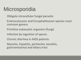 Microsporidia
Obligate intracellular fungal parasite
Enterocytozoon and Encephalitozoon species most
common genera
Primitive eukaryotic organism (fungi)
Infection by ingestion of spores
Chronic diarrhea in AIDS patients
Myositis, hepatitis, peritonitis, keratitis,
gastrointestinal and biliary tract
 