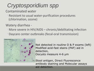 Cryptosporidium spp
Contaminated water
◦Resistant to usual water-purification procedures
(chlorination, ozone)
Watery diar...
