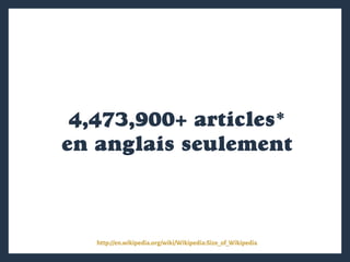 4,473,900+ articles*
en anglais seulement
http://en.wikipedia.org/wiki/Wikipedia:Size_of_Wikipedia
 