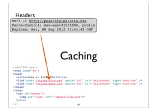 Headers
curl -I http://page/styles/site.css
Cache-Control: max-age=31536000, public
Expires: Sat, 08 Sep 2012 22:41:49 GMT




                            Caching
<!DOCTYPE html>
<html lang='en'>
<head>
  <title>Jobs at local.ch</title>
  <link href="/styles/site.css" media="all" rel="stylesheet" type="text/css" />
  <link href="/styles/page.css" media="all" rel="stylesheet" type="text/css" />
</head>
<body>
  <div id="header">
   <img alt="logo" src="/images/logo.gif"/>
  </div>
...                                    10
 