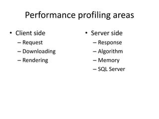 Performance profiling areas
• Client side
– Request
– Downloading
– Rendering
• Server side
– Response
– Algorithm
– Memory
– SQL Server
 