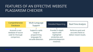 FEATURES OF AN EFFECTIVE WEBSITE
PLAGIARISM CHECKER
Comprehensive
Database
Accesses a vast
database of source
code for thorough
comparison.
Multi-Language
Support
Supports a wide
range of
programming
languages for
versatile detection.
Detailed Reporting
Provides in-depth
reports with
highlighted
similarities and
potential plagiarism
instances.
Real-Time Analysis
Performs quick and
accurate checks to
deliver instant results.
Back to Index
 