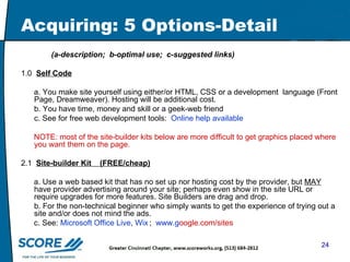 Acquiring: 5 Options-Detail (a-description;  b-optimal use;  c-suggested links) 1.0  Self Code a. You make site yourself using either/or HTML, CSS or a development  language (Front Page, Dreamweaver). Hosting will be additional cost. b. You have time, money and skill or a geek-web friend c. See for free web development tools:  Online help available   NOTE: most of the site-builder kits below are more difficult to get graphics placed where you want them on the page.  2.1  Site-builder Kit  (FREE/cheap) a. Use a web based kit that has no set up nor hosting cost by the provider, but  MAY  have provider advertising around your site; perhaps even show in the site URL or require upgrades for more features. Site Builders are drag and drop. b. For the non-technical beginner who simply wants to get the experience of trying out a site and/or does not mind the ads. c. See:  Microsoft Office Live ,  Wix   ;  www.g oogle.com/sites   
